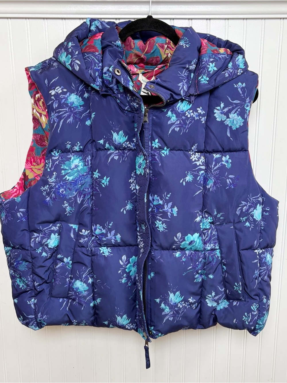 Sundance Reversible Blue Floral Puffer Vest Quilted Hooded Full Zip Women’s XL